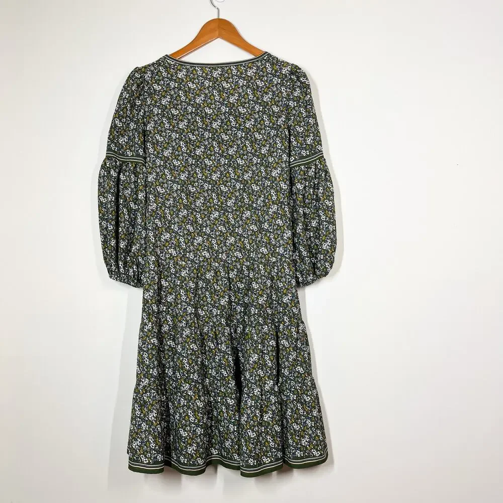 Max Studio Tiered Floral Long Sleeves‎ Dress Sz XS Relaxed Fit Green Multicolor